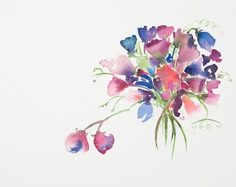 SUMMER SWEET PEA Giclée print of original watercolour painting, 40 x 50 cm