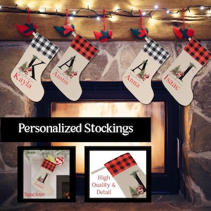 Personalized Buffalo Plaid Christmas Stocking, Choice of Red/Black or White/Black Plaid Cuff, Santa by Fireplace, Custom Name