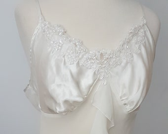 Silky Soft Satin  Chemise,   Full Bust Lace Trim , Chiffon  Ruffled  Slip, Size Large 14 -16