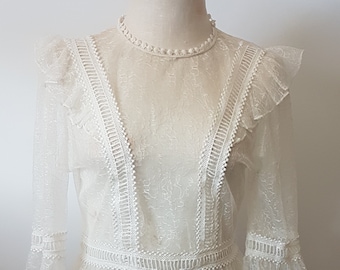 Sheer Lace Blouse, Victorian Style,  Ivory Ruffled Blouse,  Size Small/  US 6