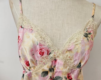 Rose Print  Chemise,  Satin Short Slip,  Split Front Lingerie, Size Medium