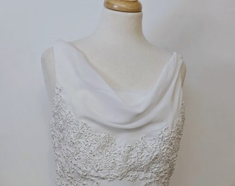 Bridal Gown,  Cowl Neck A Line, White Chiffon, Beaded Bodice, Vintage 1990's, Size 12