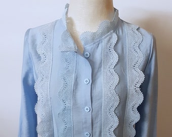 Vintage Edwardian Style Blouse,   Blue  Cotton  High Neck  Women's  Shirt ,  Size  Small