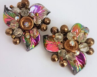 Vintage Beaded Cluster Clip On Earrings: Iridescent Glass & Crystal, 1970s