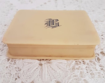 French Ivory / Celluloid  Hinged Lidded  Box,  Monogram  Carved Initials, Vintage  1920's   1930's