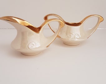 Lusterware  Pearlescent  Creamer And  Sugar,  With High Relief And Gold Plate, Vintage 1940's  Stamped 70 & 71