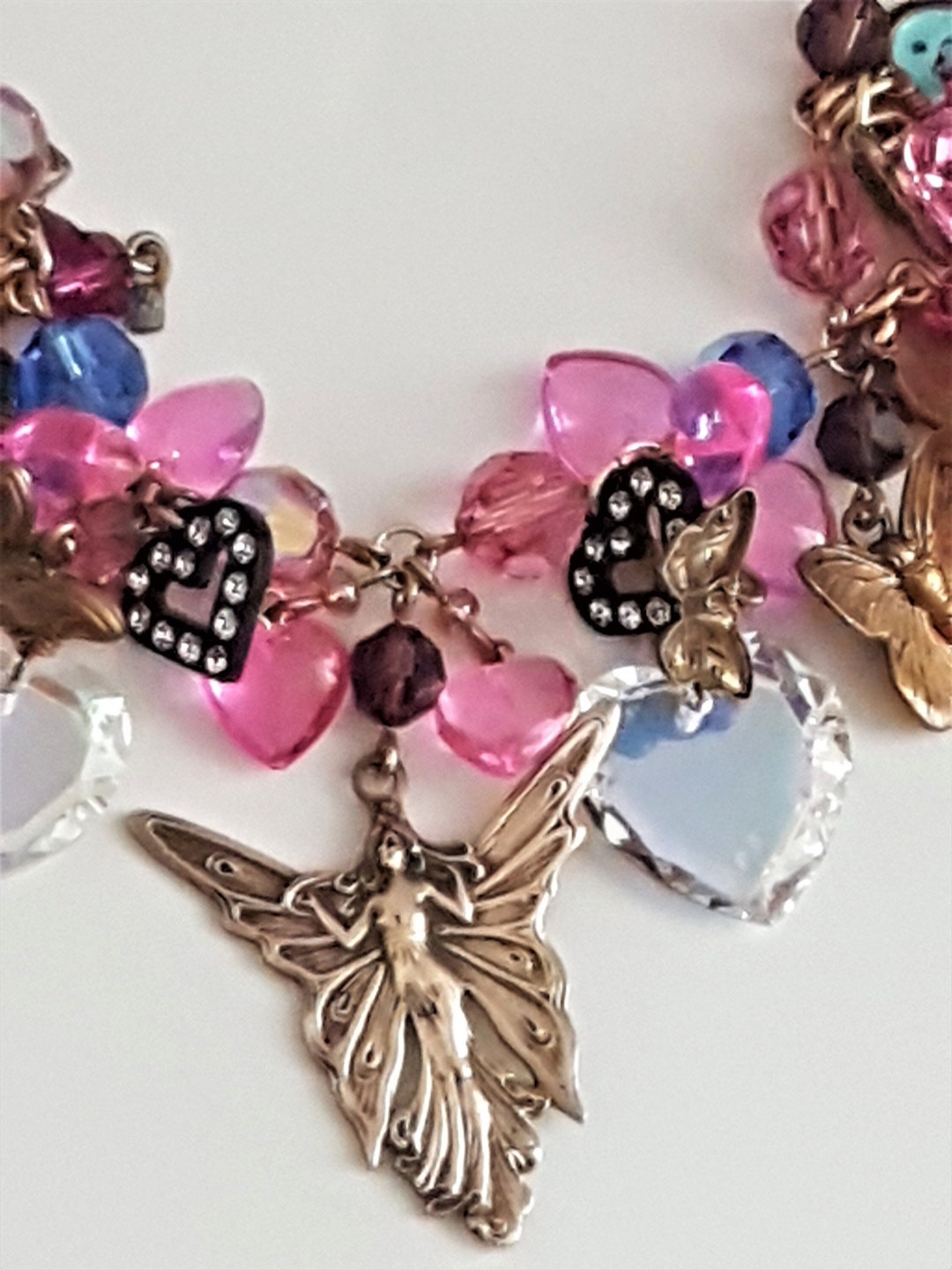 Pididdly Links Crystal and Heart Charms Necklace , Vintage Jewelry