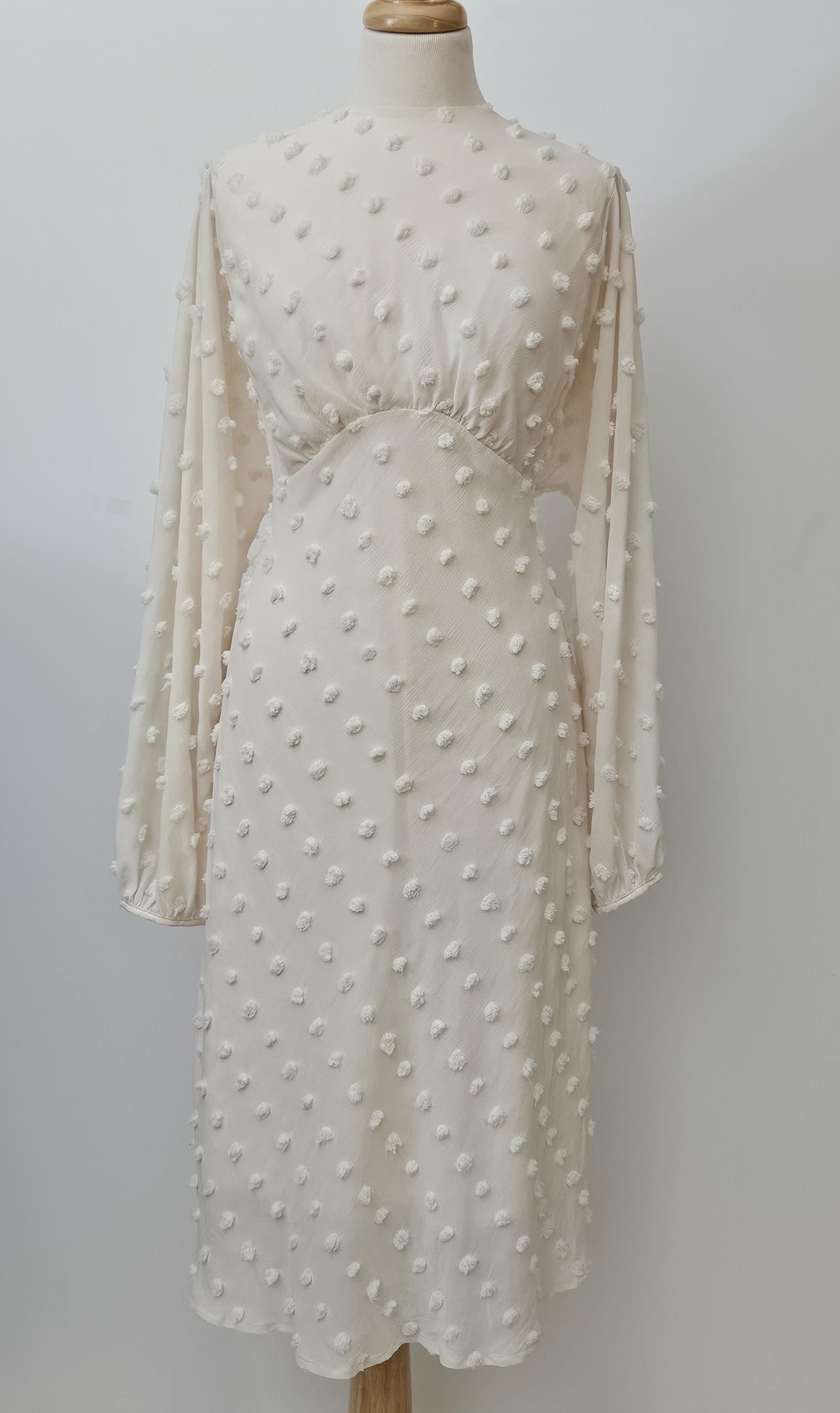 Midi Vintage Style Dress,  Ivory Bobble Fabric, Long  Full Sleeves, Size Large