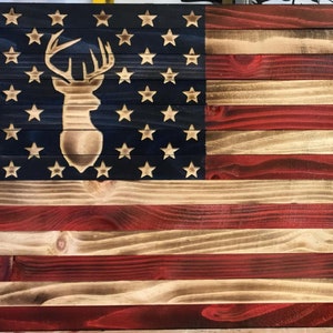 25&quot; x 14&quot; Wooden American Flag w/ Deer Silhouette, Customizable flag, Wood Burned flag, Rustic Flag Sign Flag Gift