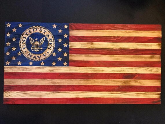 25x14 Wooden American Flag W U S Navy Emblem Customizable Etsy