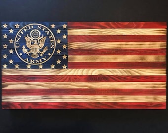 25 "x 14" hölzerne amerikanische Flagge mit US ARMY Emblem, anpassbare Flagge, holzverbrannte Flagge, rustikales Flaggenschild Flaggengeschenk