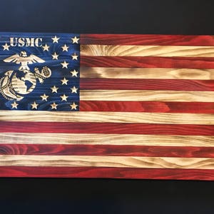 38&quot;x19&quot; Wooden American Flag w/ Marine Logo, Customizable Flag, Wood Burned flag, Rustic Flag Sign, Flag Gift, Distressed Flag
