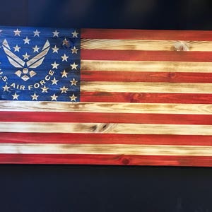 38x19 Wooden American Flag w/ Air Force Logo, Customizable Flag, Wood Burned flag, Rustic Flag Sign, Flag Gift, Distressed Flag, Wall Decor