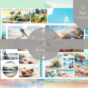 12 Page Ocean Beach Digital Paper Collection, Download, Junk Journal, Kit, Vintage Theme, Printable, Paper Crafts, Scrapbooking, Ephemera