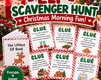May include: A printable Elf Scavenger Hunt kit featuring a small book titled The Littlest Elf Book with a reindeer illustration and six clue cards with red and green borders, each containing rhyming text and festive holiday graphics for Christmas.
