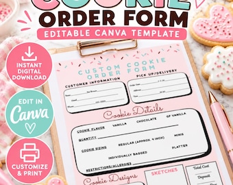 Può includere: Un modulo d'ordine per biscotti stampabile su una cartellina con accenti rosa e verde acqua. Il documento include sezioni per le informazioni sul cliente, il ritiro o la consegna, i gusti, le dimensioni e gli schizzi dei design.