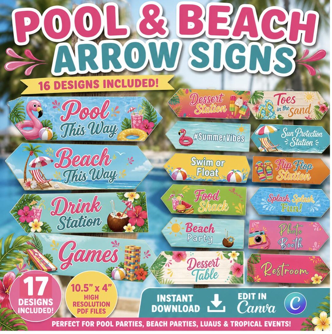 Pool Party Arrow Signs Printable | Beach Party Decor Signs | Tropical ...
