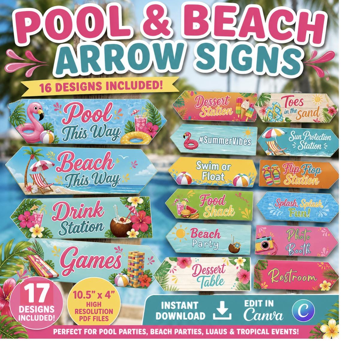 Pool Party Arrow Signs Printable | Beach Party Decor Signs | Tropical ...