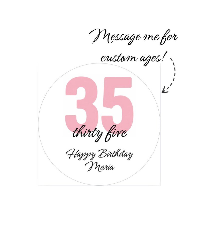 May include: A white circular design with the number "35" in pink, with the words "thirty five" below it. The text "Happy Birthday Maria" is below the number. The text "Message me for custom ages!" is above the number.
