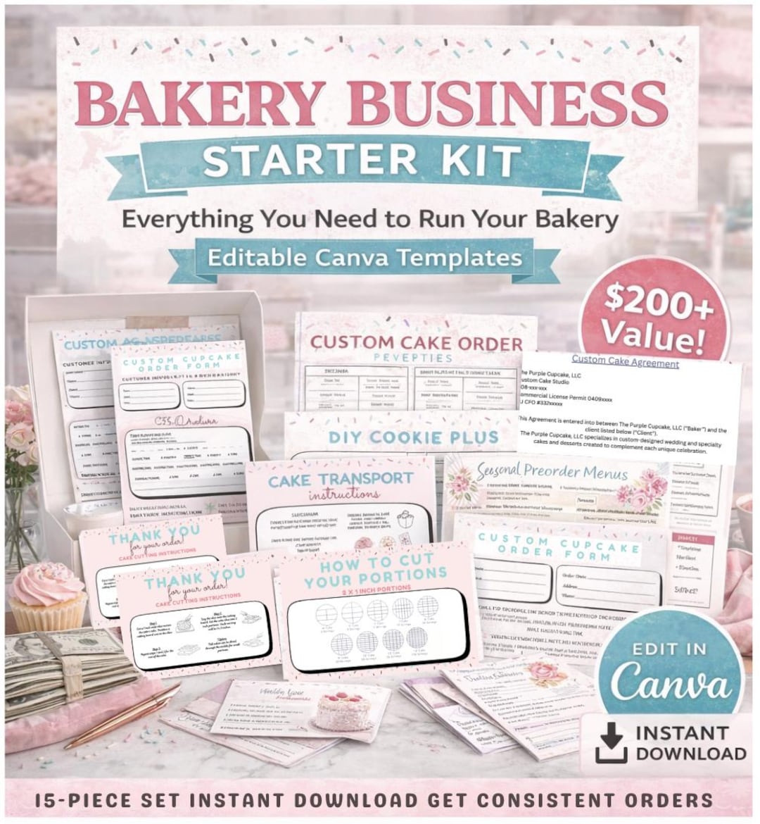 Bakery Business Bundle Canva Templates | Cake Order Forms, Contract ...