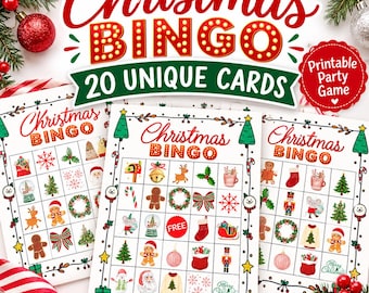 May include: A Christmas Bingo game set featuring 20 unique cards. The cards display a grid of festive icons including gingerbread people, reindeer, ornaments, and Santa Claus. The text reads Christmas BINGO 20 UNIQUE CARDS Printable Party Game.
