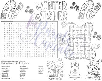 Winter Activity Mat • Kids' Coloring Page, Maze, Word Search (Instant Download)