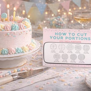 Guide till tårtutskärning och mall för tackkort för bageri | Serveringsschema för tårtor | Förpackningsinsats för bageri | Utskrivbar butik för Cottage Baker