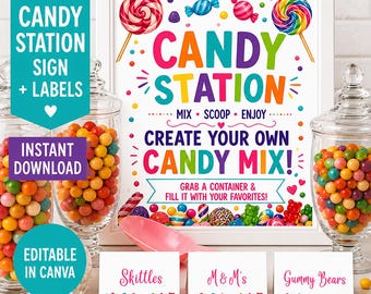 Candy Station Sign Editable Template | Candy Bar Sign Printable | Sweet Treat Table Sign | Birthday Party Decor | Instant Download Canva