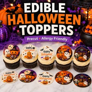 May include: A collection of round edible Halloween cupcake toppers featuring illustrations of pumpkins, ghosts, and candy. The text reads EDIBLE HALLOWEEN TOPPERS, Precut, Allergy Friendly, Happy Halloween, and Candy Shop. Five cupcakes are displayed.