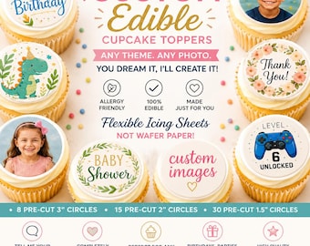 Custom Edible Cupcake Toppers | Personalized Photo Cupcake Toppers | Custom Birthday Party Decorations | Edible Icing Sheet Circles