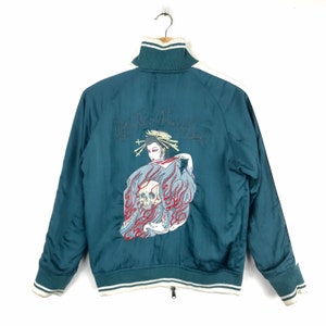 Rare!!! Vintage SUKAJAN SOUVENIR JAPAN Geisha And Tiger Designer Reversible Zipper Rayon Jacket Made in Japan Size 42