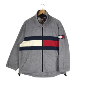Rare!!! Vintage TOMMY HILFIGER TOMMY Jeans Big Flag Design Fully Zipper Fleece Made in Macau Small Size Adult