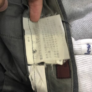 May include: Close-up of a gray pair of pants with a white tag attached. The tag has Japanese text and a small logo. A portion of a gray sweatshirt is visible in the background.
