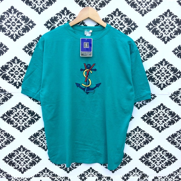 Rare!!! Vintage Luxury Old Stock YVES SAINT LAURENT Ysl With Tag Big Logo T-Shirt Green Colour Extra Small Size Fit To Medium