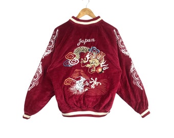 ¡¡¡Raro!!! Chaqueta vintage japonesa de terciopelo con cremallera completa, recuerdo del dragón Sukajan, talla grande, color rojo.