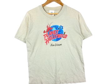 Rare!!! Vintage PLANET HOLLYWOOD NEW Orleans Made In Usa T-Shirt Beige Colour Medium Size