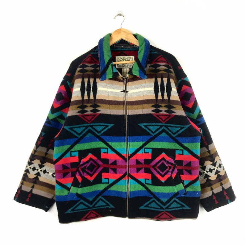 Rare!! Vintage BEAVER ROOTS CANADA Navajo Native Blanket Wool Jacket Made in Canada Large Size