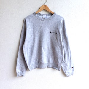 Zeldzame!!! Vintage kampioen producten BORDUURWERK klein Logo Script Crewneck Sweatshirt grijs kleur groot Jaspo