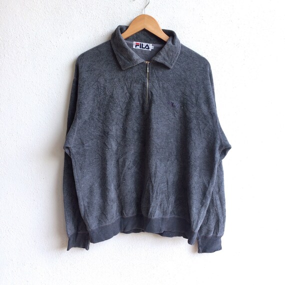 Fila, Rare!!! Vintage FILA SMALL LOGO Half Zipper Collar Sweatshirt Large Size Grey Colour