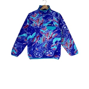 Warm en duurzaam!!! Vintage jaren 90 PATAGONI SYNCHILLA outdoorkleding halve drukknoop uil Art Design fleecetrui