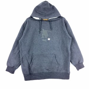 May include: A gray hooded sweatshirt with a silhouette of a skateboarder on the front. The sweatshirt has a kangaroo pocket and a drawstring hood.