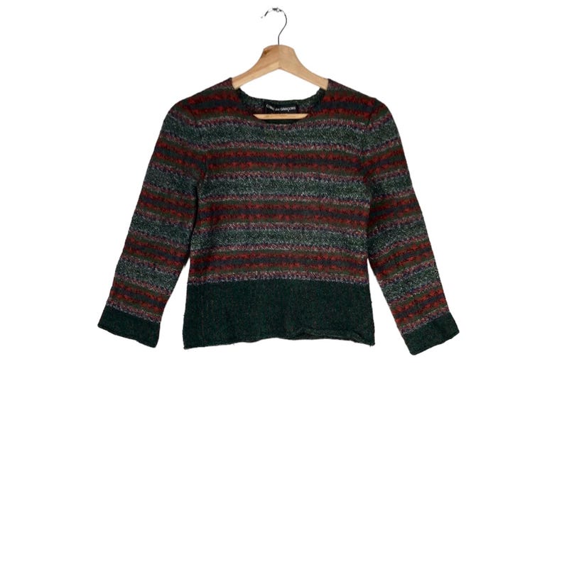 May include: A green, red, and purple striped sweater with long sleeves.