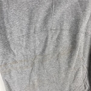 以下が含まれることがあります： 杢グレーのスウェットシャツのクローズアップ。生地は、縫い目に沿ってステッチが見える、テクスチャ加工された外観をしています。裾とネックラインが見えます。スウェットシャツは使い古されているようです。