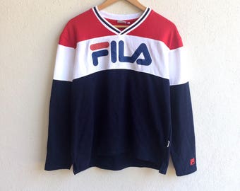 Sällsynt!!! Vintage FILA STOR LOGO Tryckt Randig Flerfärgad Sweatshirt Stor Storlek