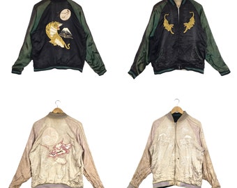 Rare!!! Vintage Faded SUKAJAN TIGER DRAGON Souvenir Japan Reversible Bomber Zipper Satin Jacket Large Sizr Made in Japan