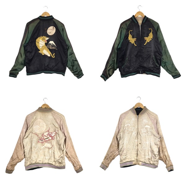 Rare!!! Vintage Faded SUKAJAN TIGER DRAGON Souvenir Japan Reversible Bomber Zipper Satin Jacket Large Sizr Made in Japan