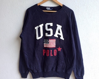 Rare!!! Vintage POLO RALPH LAUREN Big Usa Flag Crewneck Sweatshirt Dark Blue Colour Large Size