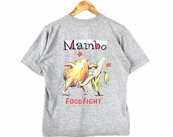 Raro!!! Maglietta girocollo vintage MAMBO Fine Art Wear AUSTRALIA FOOD Fight con logo grafico, taglia 14, del 2001.