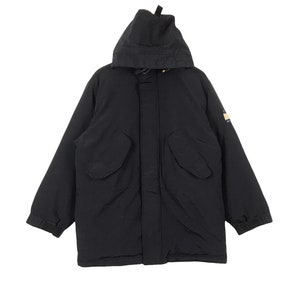 May include: A black hooded jacket with a zipper closure and two large pockets on the front. The jacket has a small logo patch on the left sleeve.