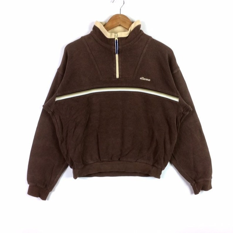 Rare!! Vintage ELLESSE PERUGIA ITALIA Small Logo Half Zipper Sweatshirt Brown Colour Large Size Women